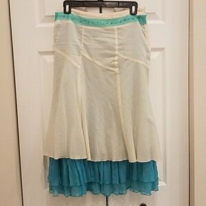Elegant Cream and Teal Midi Skirt